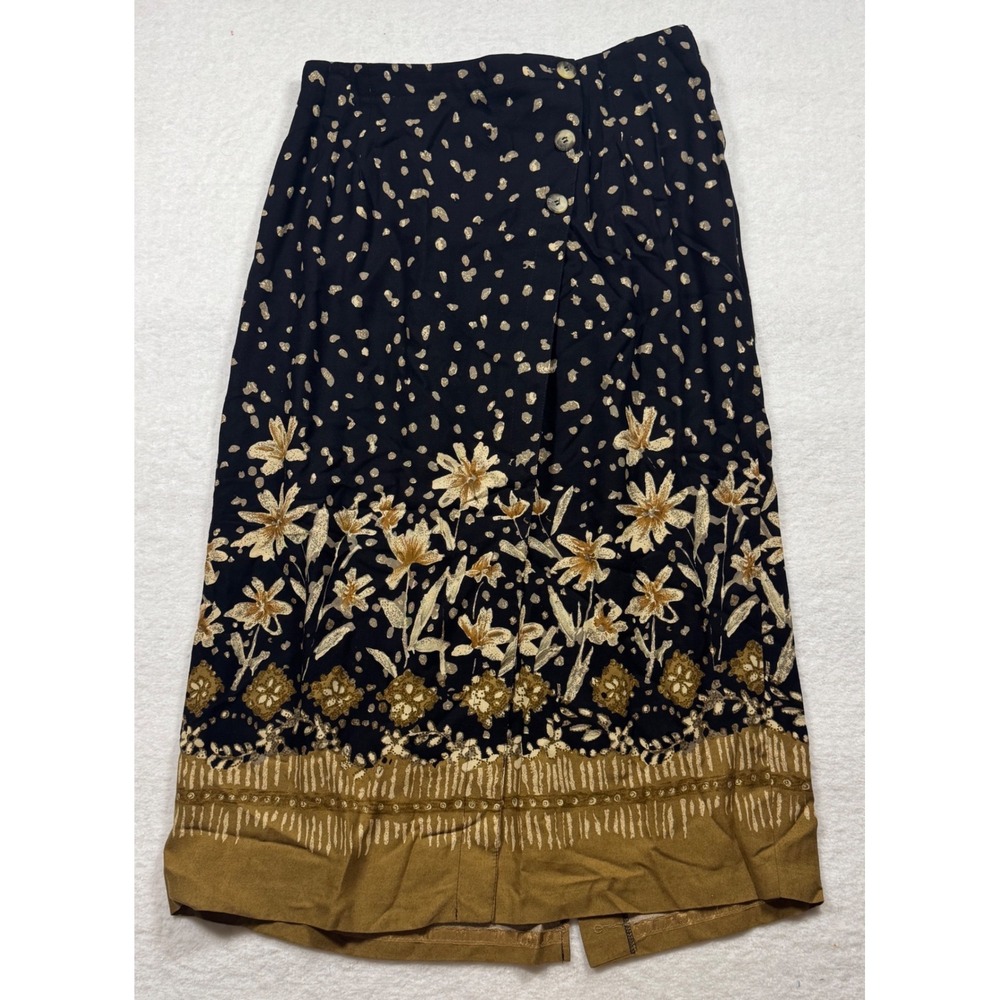 Riverstone Vintage 90s Black Gold Floral Rayon Midi‎ Skirt Size 18